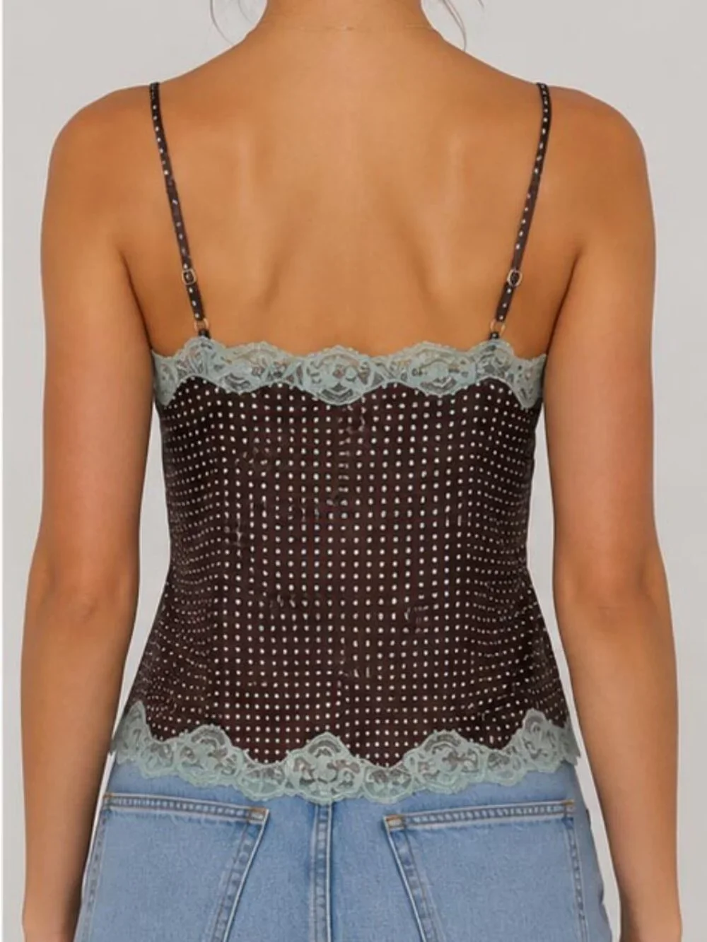 Polka Dot Lace Trim Camisole Tank Top | Adjustable Spaghetti Strap